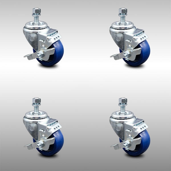 Service Caster 3 Inch SS Solid Polyurethane Swivel 3/8 Inch Threaded Stem Caster Set Brake SCC SCC-SSTS20S314-SPUS-TLB-381615-4 - main